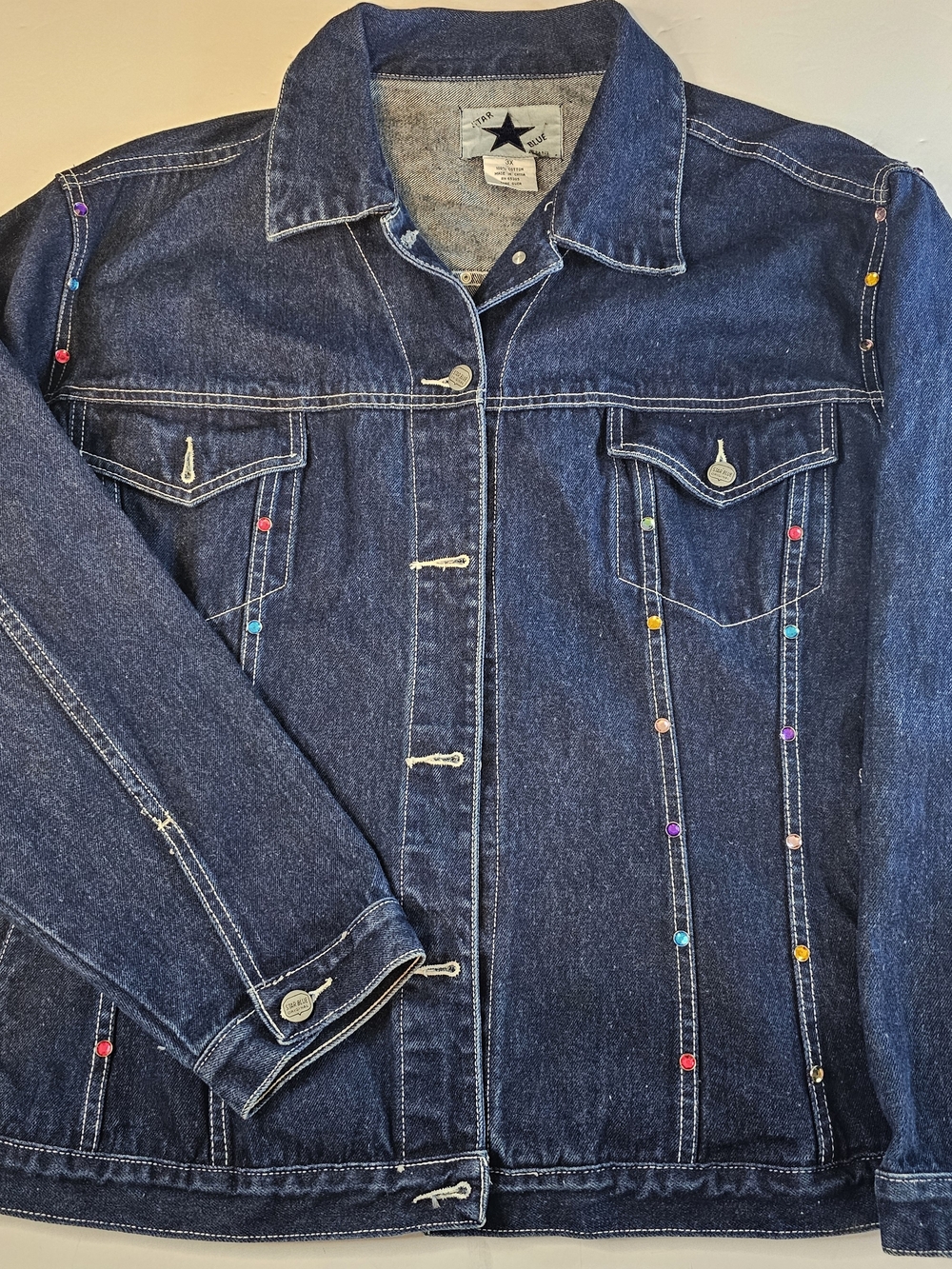 Dark Blue Denim Trucker Jacket with Multicolor Stud Accents Sixe 3X